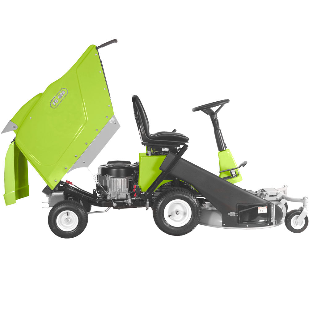 Profilo laterale del trattorino Grillo FD 220 R con cesto raccolta e piatto frontale