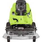 Vista frontale trattorino rasaerba Grillo FD 280 con piatto anteriore e comandi al volante