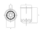Disegno tecnico del filtro olio Lombardini, con viste frontale e laterale e quote indicate con le lettere A, B, C e D.