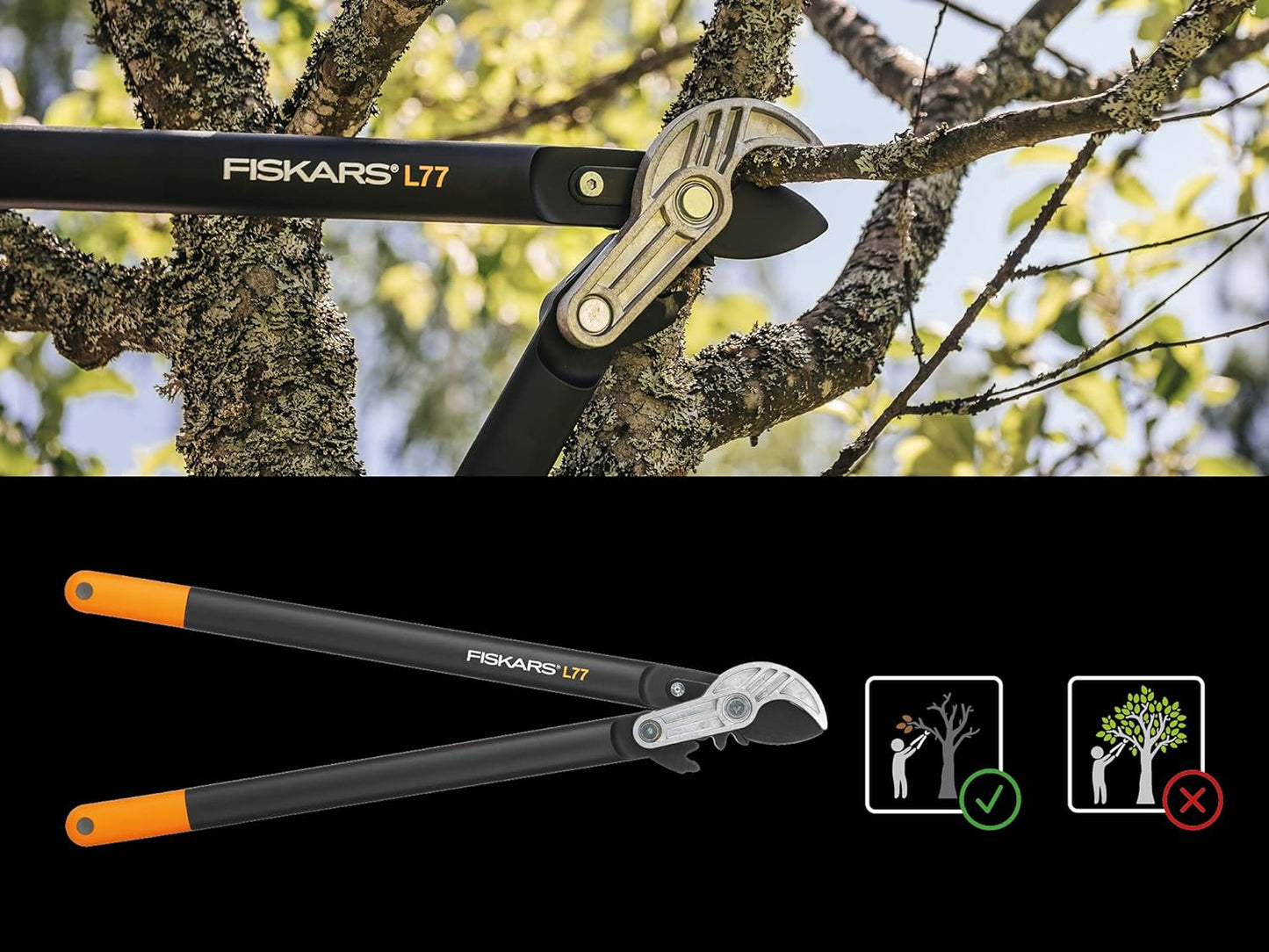 Testa con meccanismo PowerGear II del troncarami Fiskars L77 su ramo