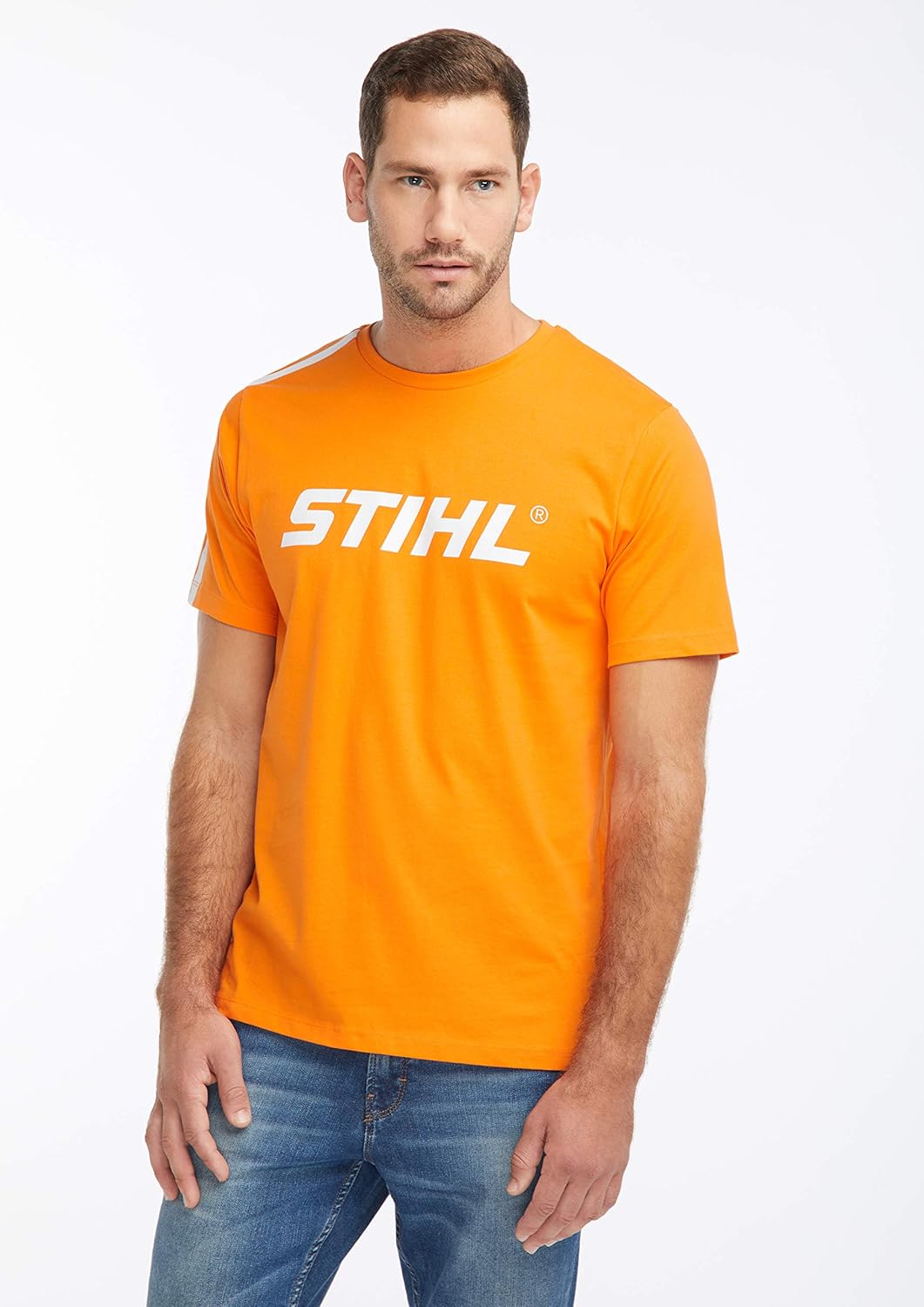 Modello con maglietta sportiva STIHL arancione taglia S con logo frontale