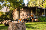 Motosega giocattolo Stihl a batterie appoggiata su ceppo di legno in giardino