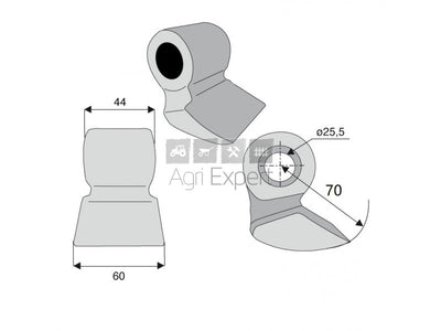 Schema dimensionale mazza per trincia Agrimaster con foro Ø 25,5 mm
