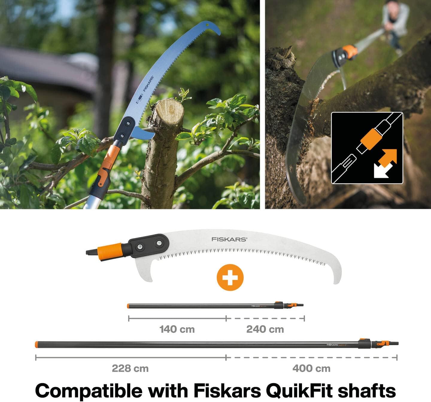Seghetto curvo Fiskars QuikFit e innesto rapido su asta telescopica