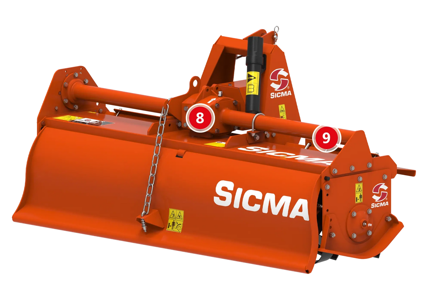 Fresatrice Sicma CS 145 vista posteriore con carter di protezione e attacco a tre punti