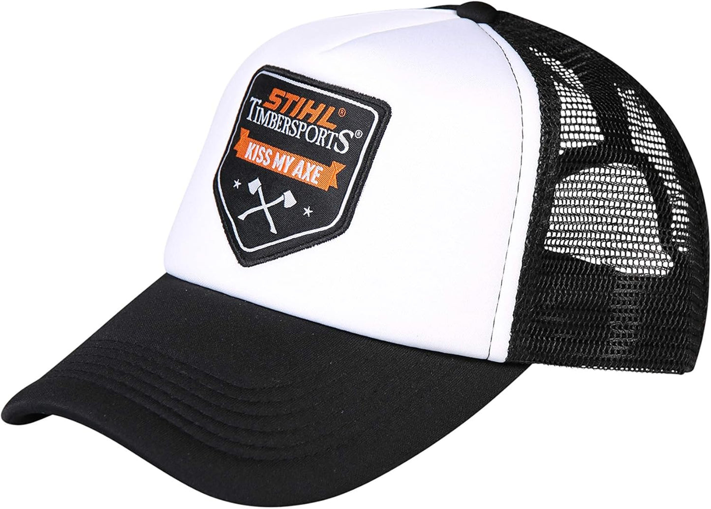 Berretto da baseball Stihl Timbersports Kiss My Axe nero con visiera nera e patch frontale