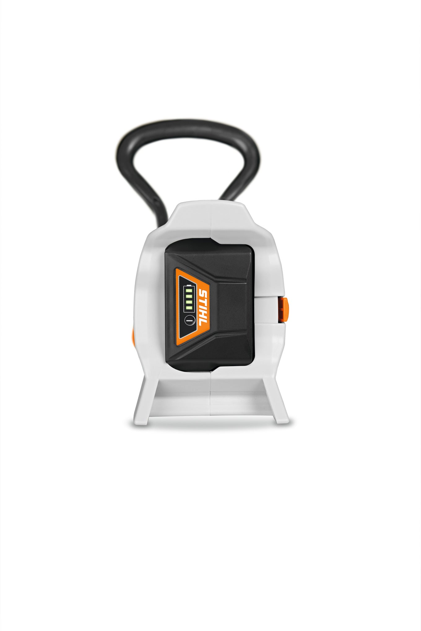 Dettaglio batteria del decespugliatore giocattolo Stihl con indicatore luminoso