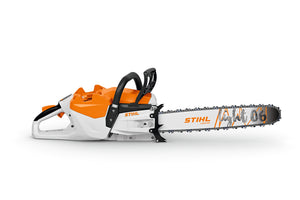 Motosega Stihl MSA 600 C-O vista di lato, con barra rivolta a destra