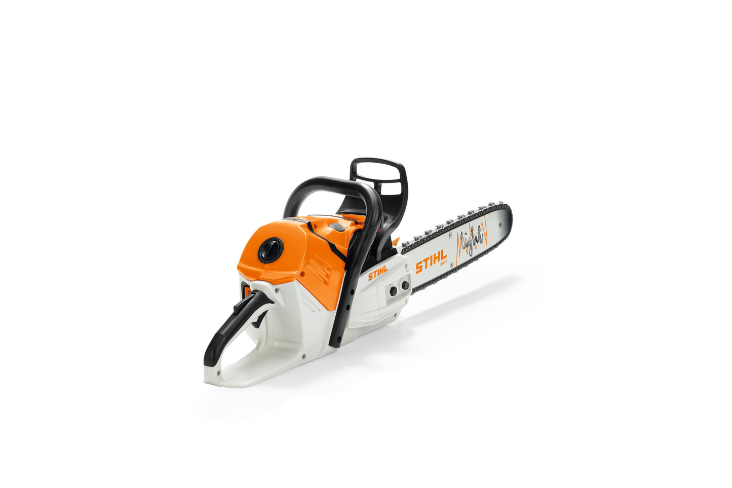 Motosega giocattolo a batterie Stihl arancione e bianca con catena in gomma