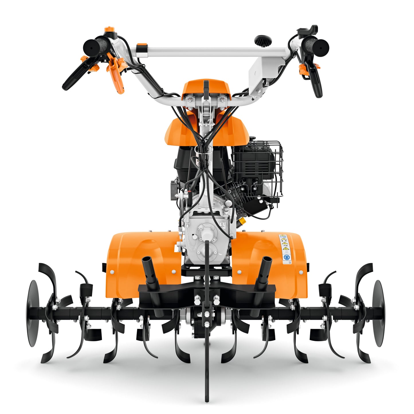 Motozappa STIHL MH 700 vista frontale con zappe e manubrio