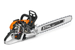 Vista tecnica motosega Stihl MS 500i con componenti interni e spranga