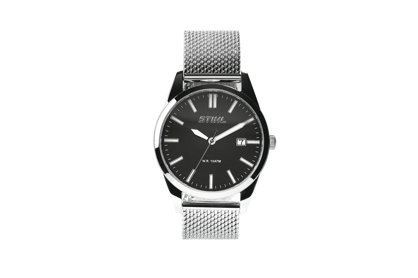 Orologio da polso Stihl classico in acciaio inox con quadrante nero e cinturino a maglia milanese