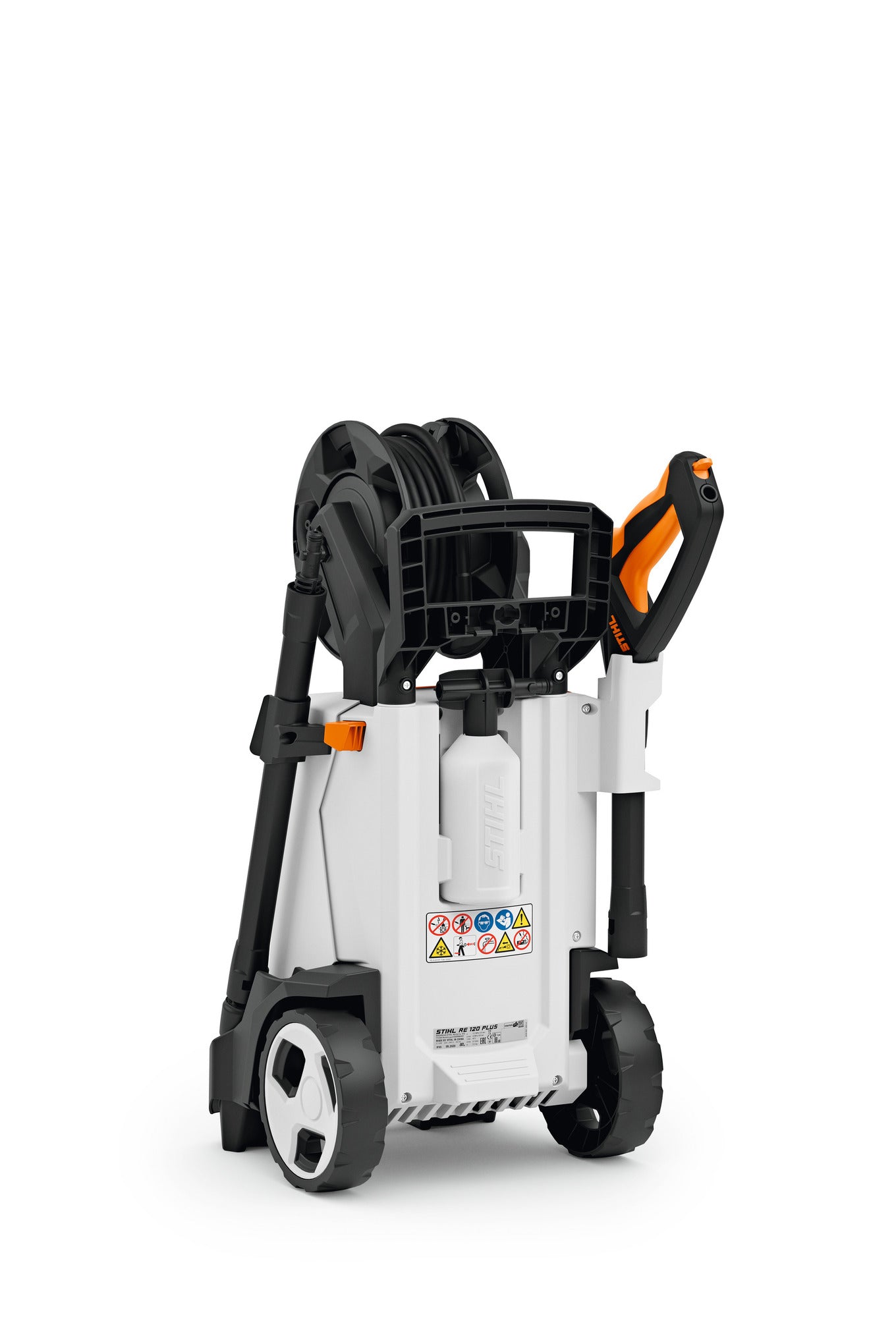 Stihl RE 120 idropulitrice vista posteriore con alloggiamenti per lancia e pistola e ruote di trasporto