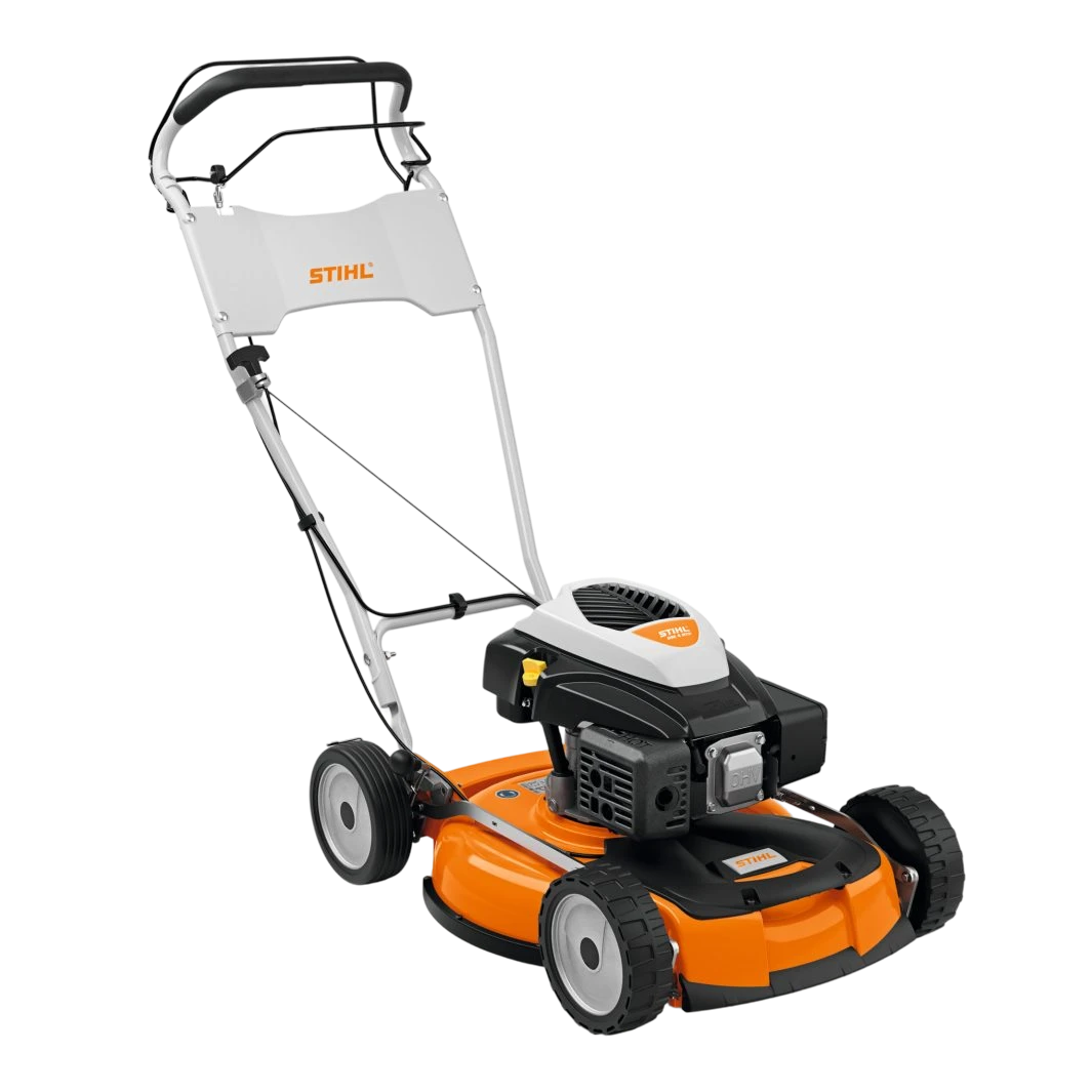 Tosaerba mulching Stihl RM 4 RTP con scocca arancione e manubrio ergonomico, vista frontal
