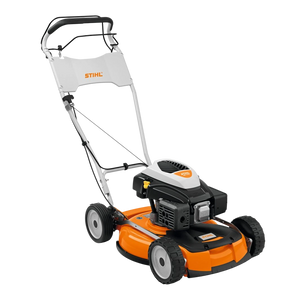 Tosaerba mulching Stihl RM 4 RTP con scocca arancione e manubrio ergonomico, vista frontal