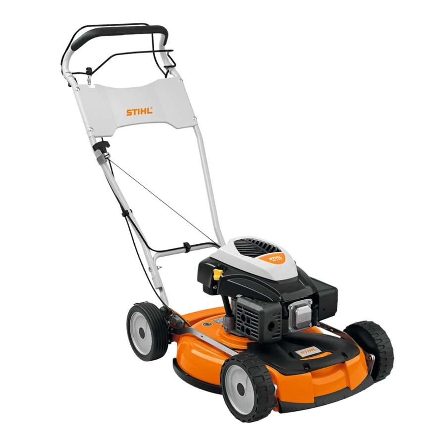 Tosaerba mulching Stihl RM 4 RTP con scocca arancione e manubrio ergonomico, vista frontal