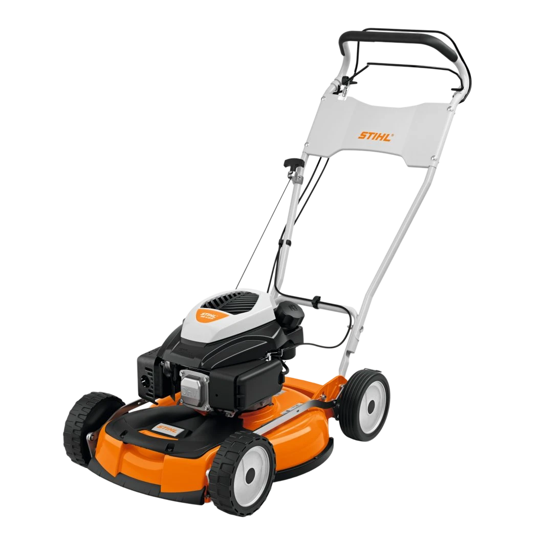 Tosaerba mulching Stihl RM 4 RTP a benzina con ruote robuste, vista laterale frontale