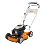 Tosaerba mulching Stihl RM 4 RTP a benzina con ruote robuste, vista laterale frontale
