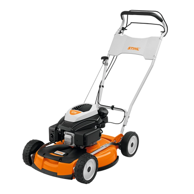 Tosaerba mulching Stihl RM 4 RTP a benzina con ruote robuste, vista laterale frontale
