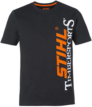 T-shirt Stihl TIMBERSPORTS nera in cotone con stampa verticale