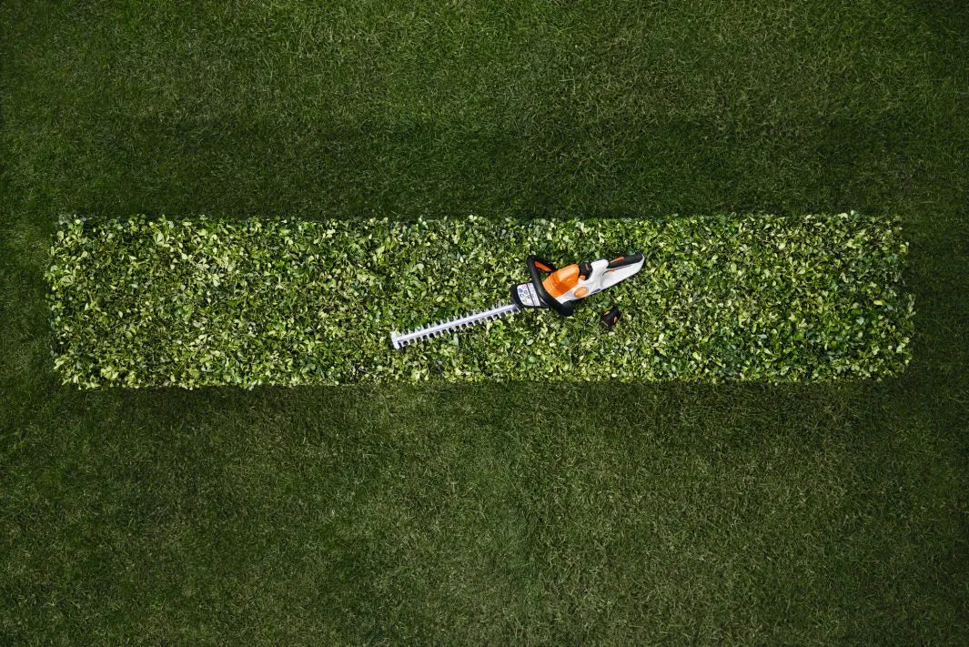 Tagliasiepi STIHL appoggiato su una siepe rettangolare appena potata, visto dall’alto