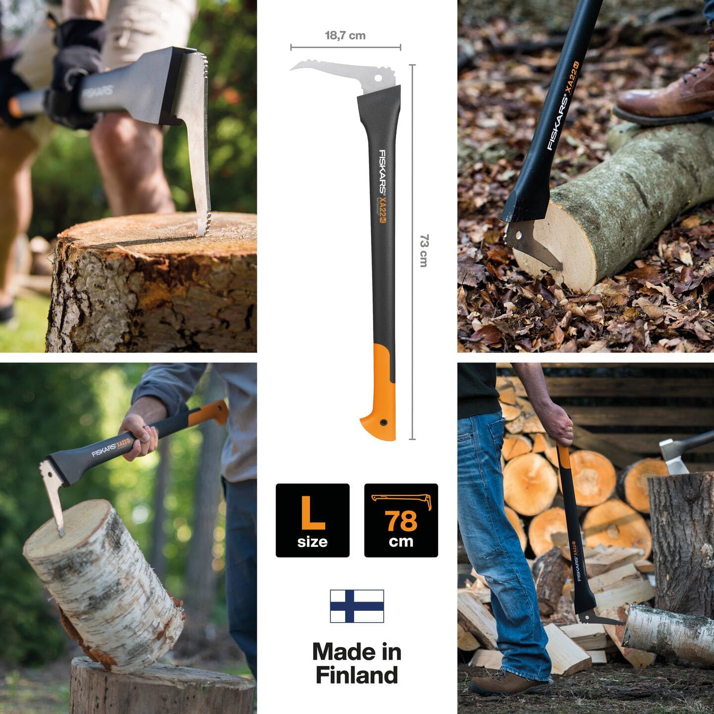 Zappino Fiskars XA22 78,5 cm dettagli dimensioni e utilizzo su legna