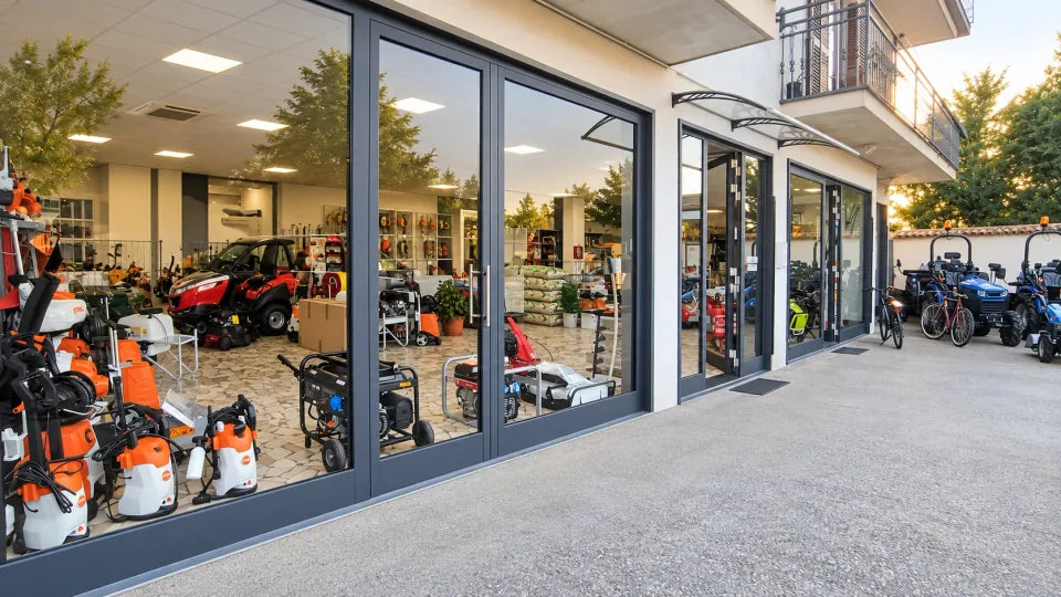 Ingresso del negozio AgriEden ad Avella, con vetrine e macchine agricole in esposizione.